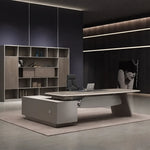 Corely manager desk, right return, in a dark gallery office