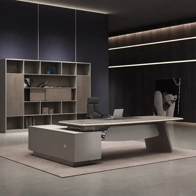 Corely manager desk, right return, in a dark gallery office