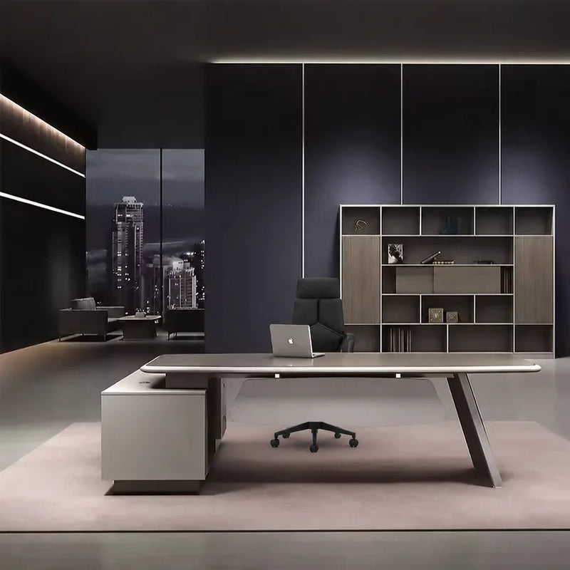 Corely desk in beige gray in a night skyline office