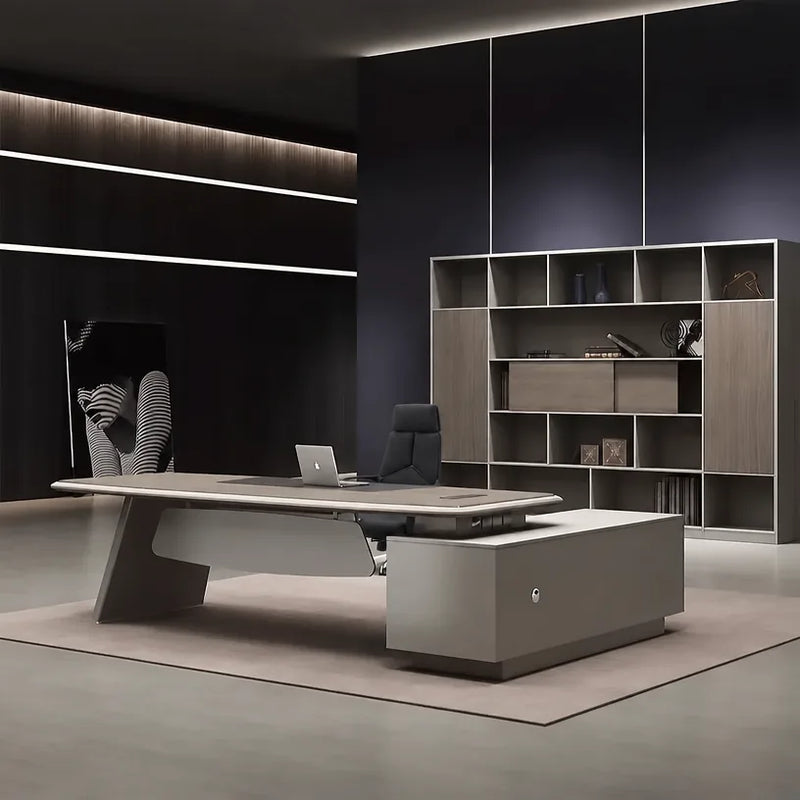 Corely desk in khaki, left return, spotlit shelving behind