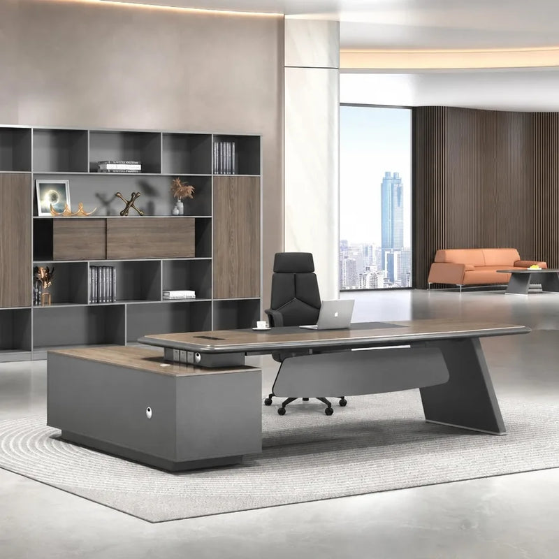 Corely L-shaped desk in a feminine executive office with screen partition