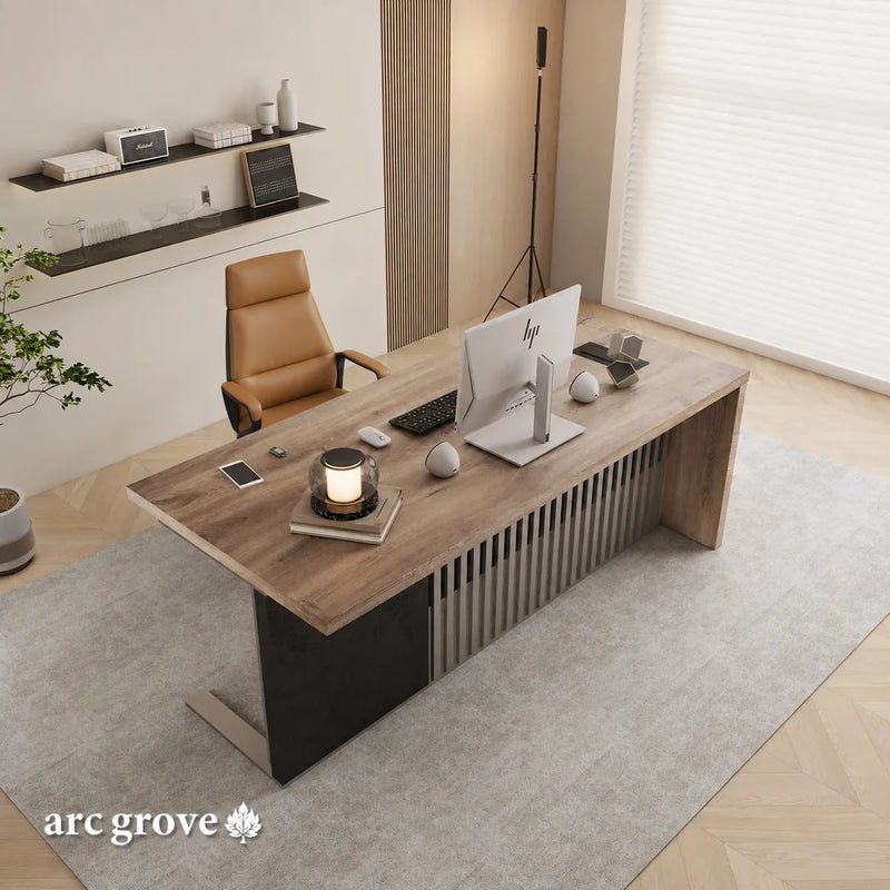 Croft desk in mahogany with amber chair and desktop lamp