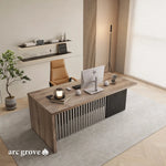 Croft desk with black side panel and slatted front, side view