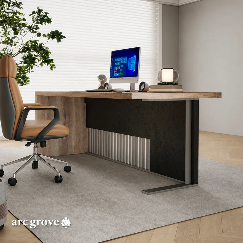 Croft manager desk with orange task chair by the window