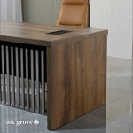 Croft mahogany end panel and desktop corner, close view