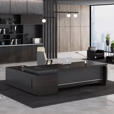 Danton desk in ebony in a dark-paneled CEO office with skyline view