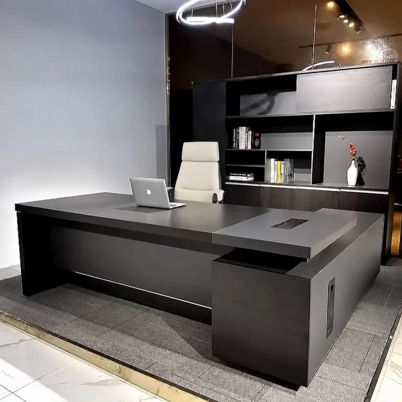 Photo of the Danton desk, left return, in a showroom with ring light