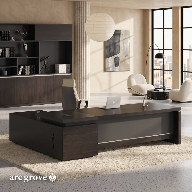 Danton Executive Desk, in an office with warm sand Venetian plaster walls with one fluted travertine column
