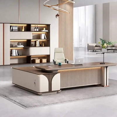 Dion desk in a cream executive suite with backlit shelving