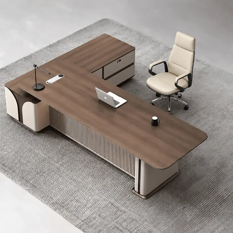 Dion desk from above, right return, with white leather chair