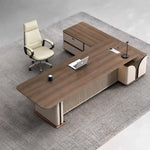 Dion desk, left return, viewed from above on a woven rug