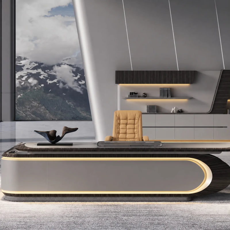 Echelon wing profile with gold-lit base in a mountain office