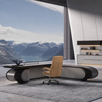 Echelon desk commanding a panoramic mountain office with leather chair