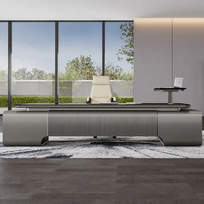 Elevon desk with fluted front band in a bright terrace office