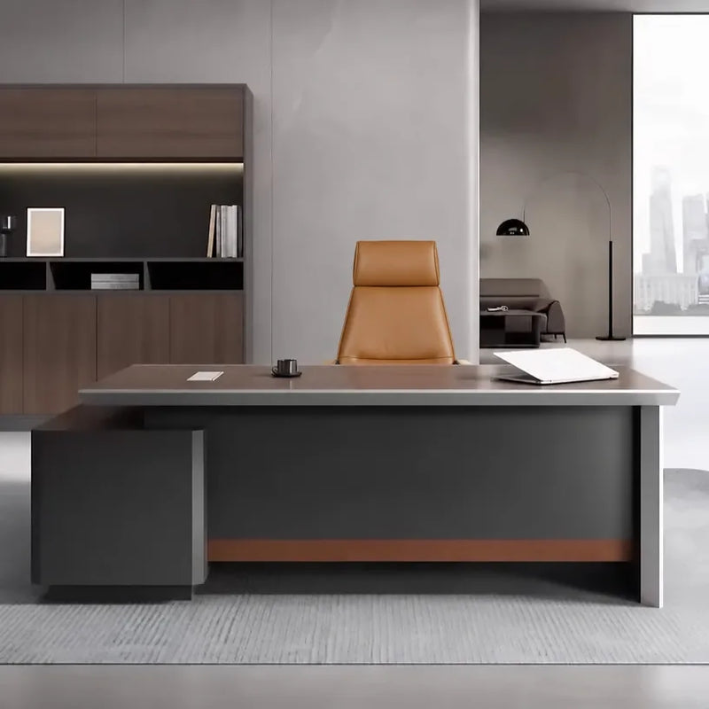Elgin desk front-on with copper trim in a harbor-view office