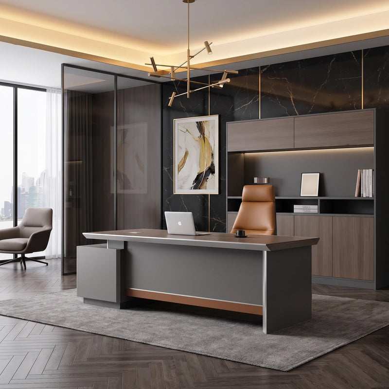 Elgin executive desk in a dark marble executive office beside its matching shelving