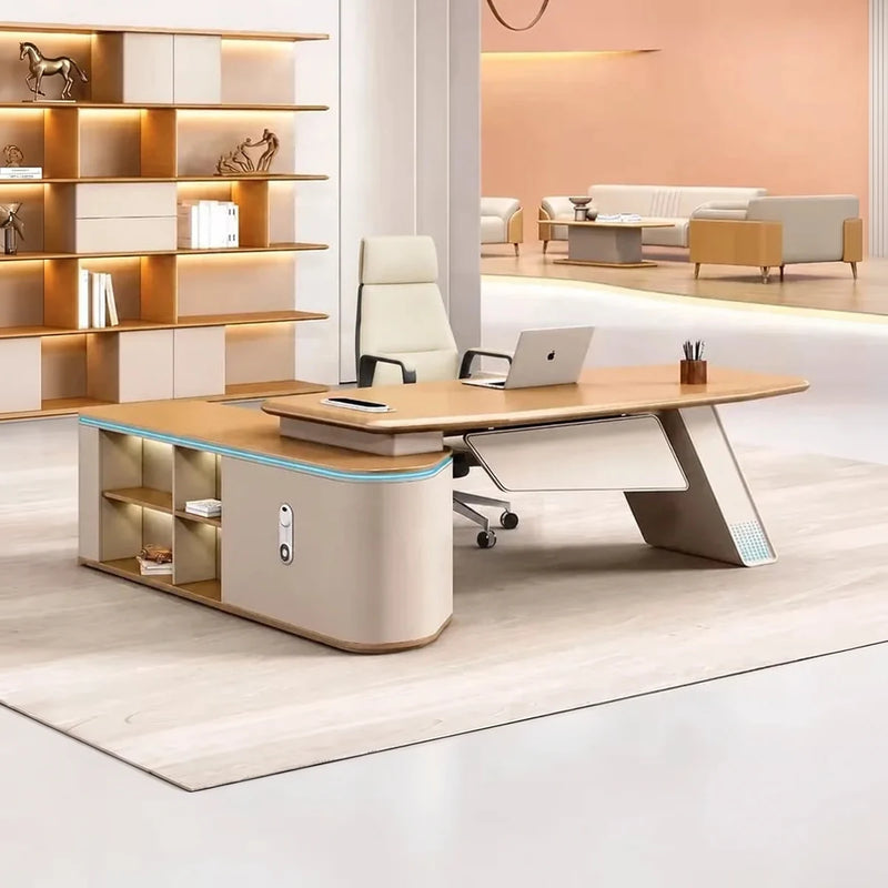 Ellis manager desk, right return, in a blush showroom office