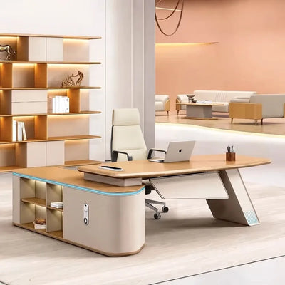 Ellis manager desk, right return, in a blush showroom office