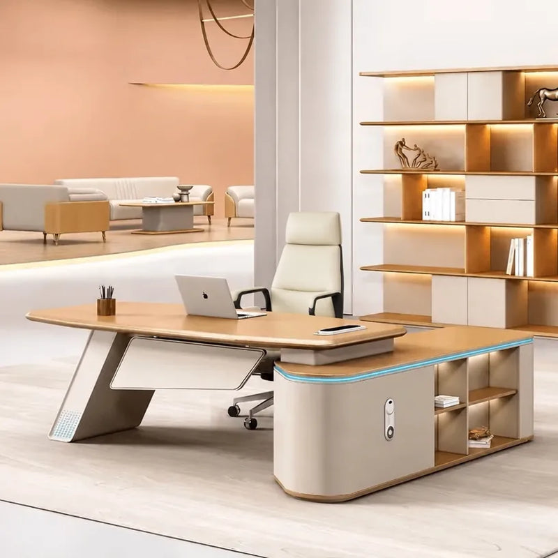 Ellis desk, left return, in a feminine office with lit shelving