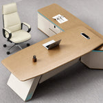 Ellis desk with tilted display view of the oak top and grommet