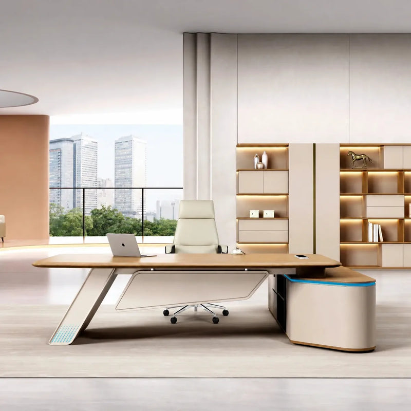 Ellis executive desk in a bright city office with balcony view