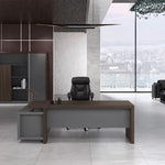 Elmore desk facing forward with black leather chair