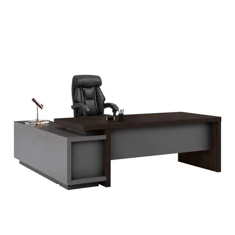 Elmore desk in walnut and gray, front studio angle