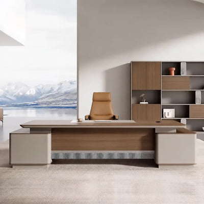 Elston grand desk in a lake-view office with tall shelf wall