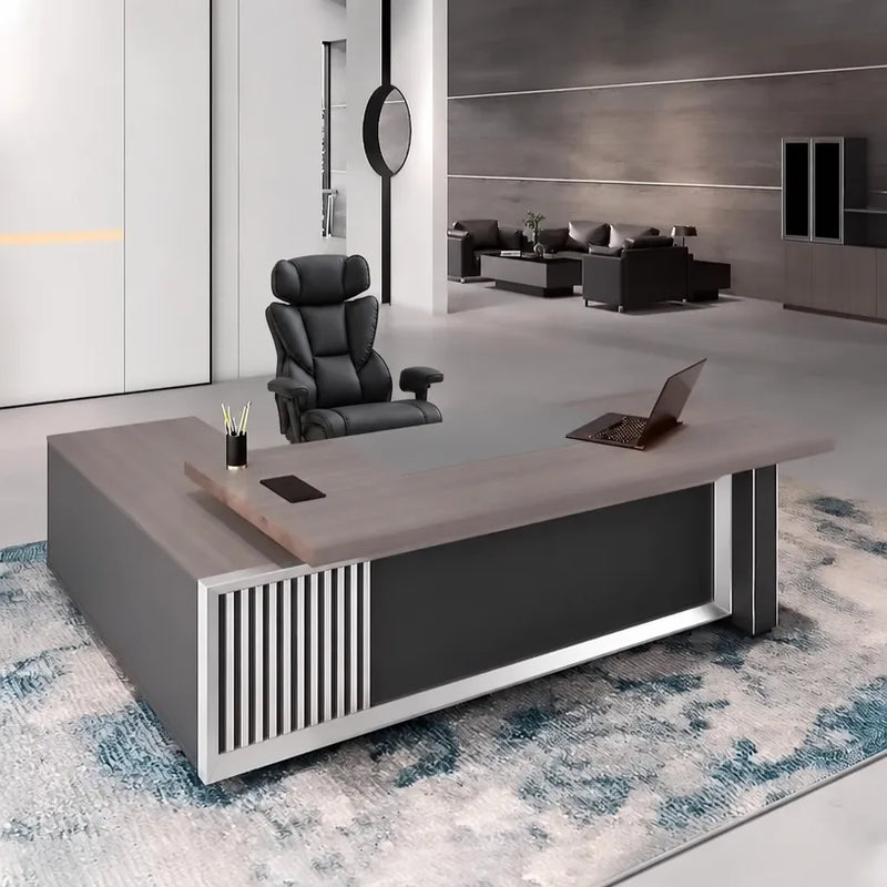 Engel CEO desk, right return, on a blue-patterned rug
