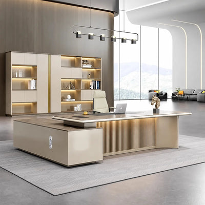 Essex desk in a soft gold office with backlit shelf wall