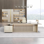Essex desk in a feminine executive office under a linear chandelier