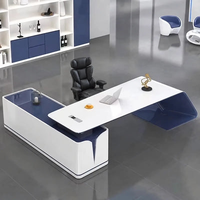 Euclid manager desk in white gloss, right return, in a navy showroom