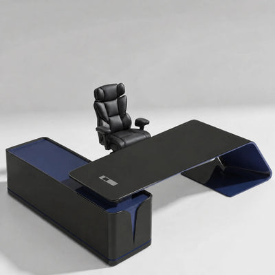 Euclid desk in glossy black with navy interior, right return