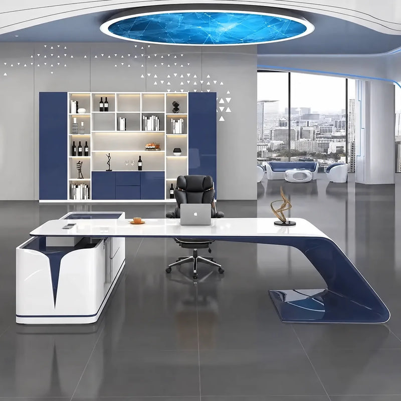 Euclid executive desk beneath a blue dome light in a tech office