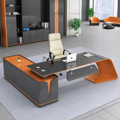Euler manager desk, right return, in a gray office with orange accents