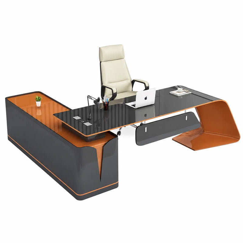Euler grand desk in gray and orange, studio front view