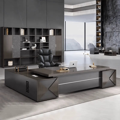 Exeter grand desk in a stone-walled office with tall shelving