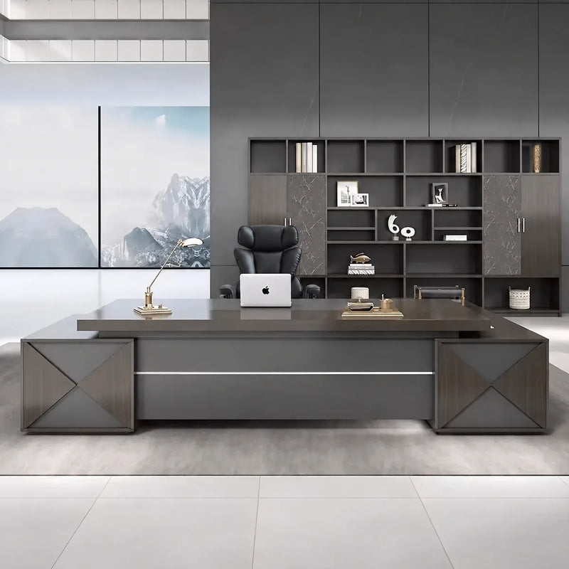 Exeter desk facing forward with silver trim line and shelf wall