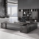Exeter desk in gray oak, left return, mountain view behind