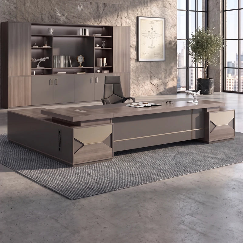 Eyer desk in a sunlit stone tower office with a city view