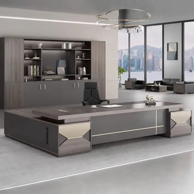 Eyer grand desk in a harbor-view CEO office with shelf wall