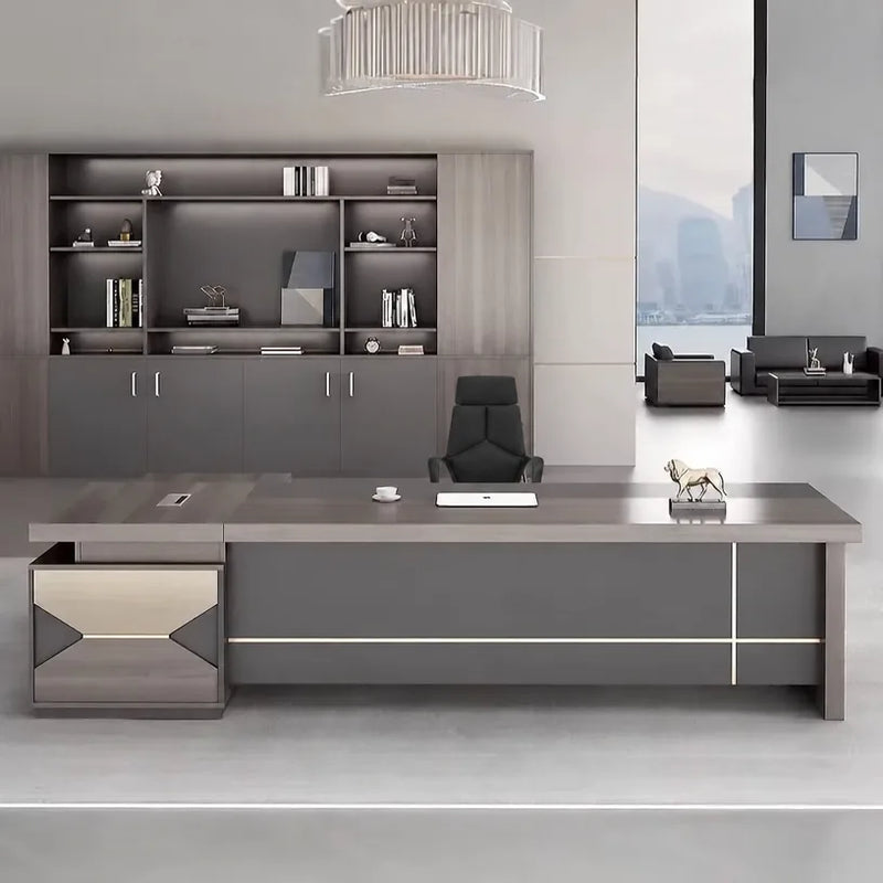 Eyer executive desk stretched along a bookcase wall
