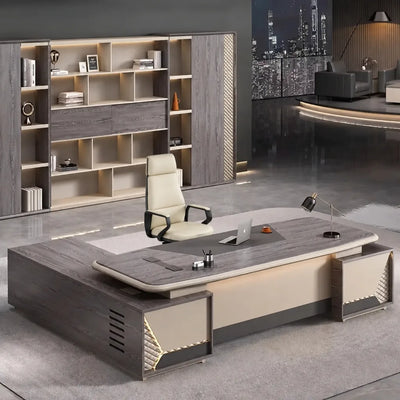Fairwyn desk, right return, in a night-skyline executive office