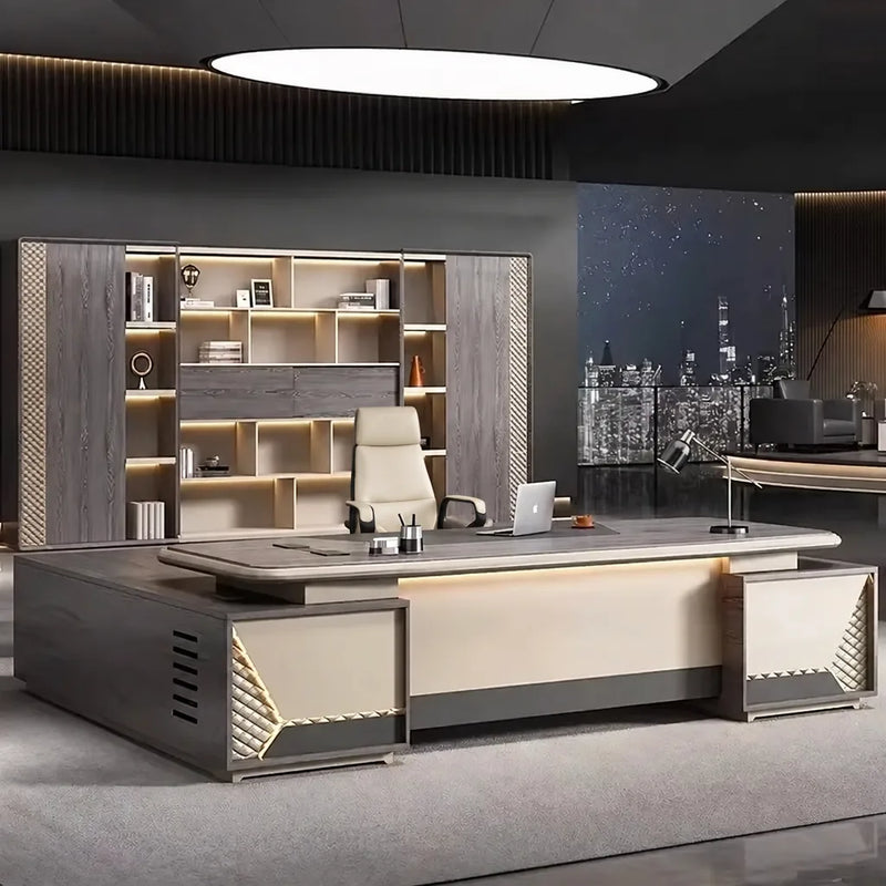 Fairwyn desk with vented pedestal in a feminine night office