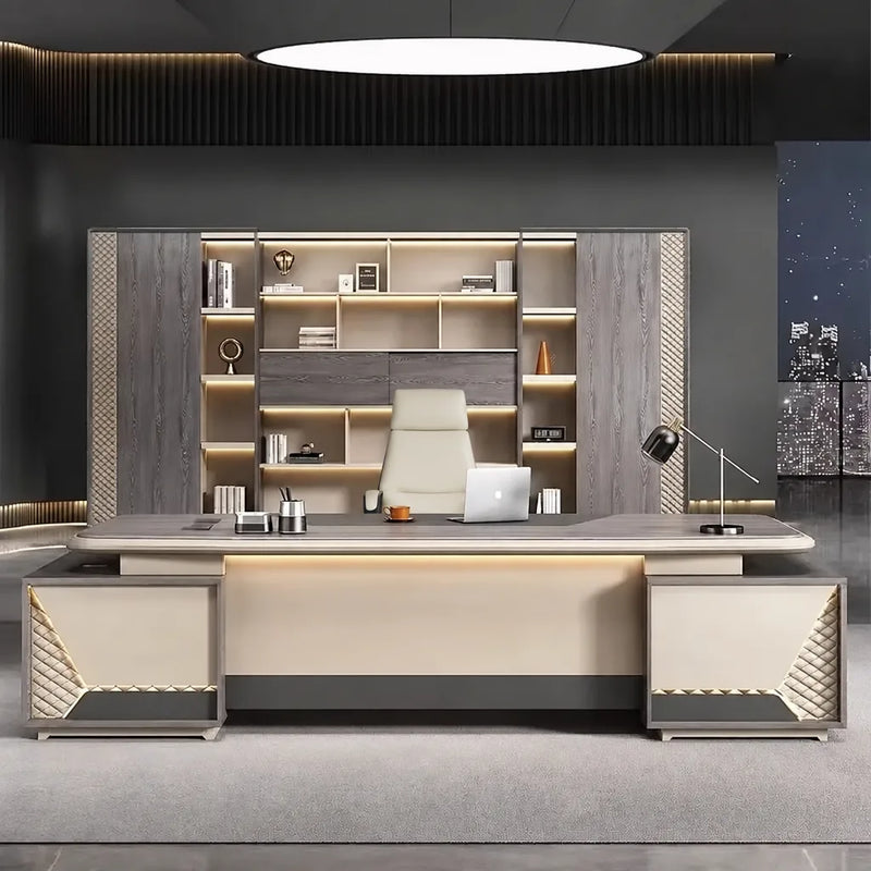 Fairwyn desk centered before a backlit display wall