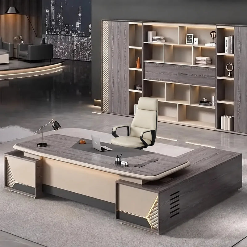 Fairwyn desk in barnwood gray, left return, night city behind