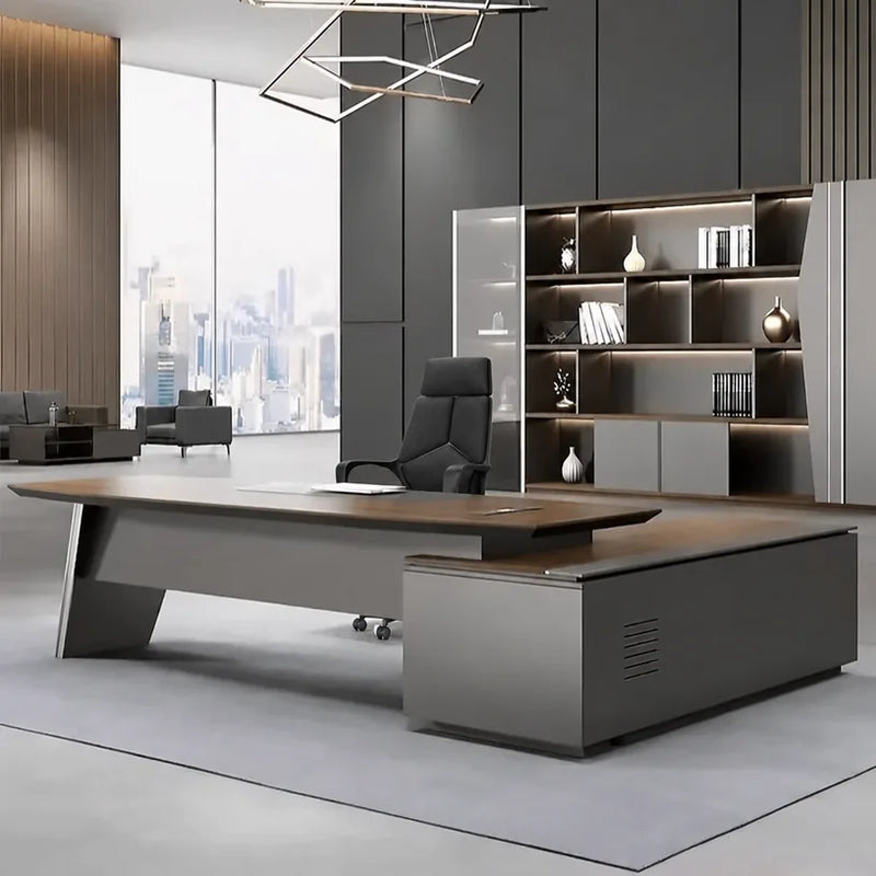 Finley desk in walnut, left return, bookcase wall behind