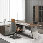 Flynn desk in bourbon walnut, left return, striped wall behind
