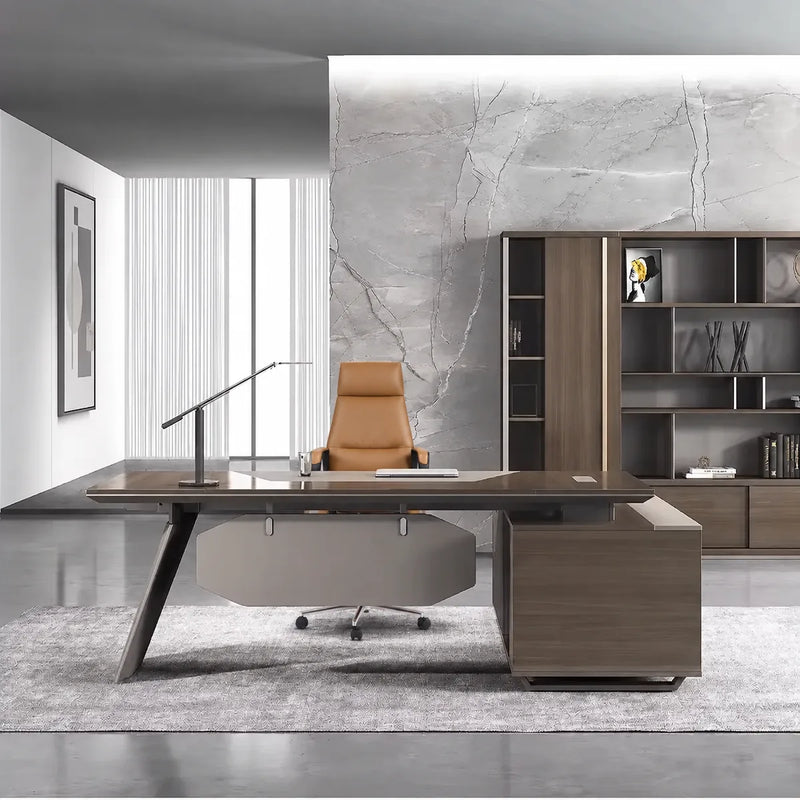 Flynn desk centered with drawer return and task lamp
