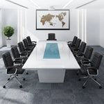 Forum white boardroom table seating 12 in blue and white chairs beneath a world map